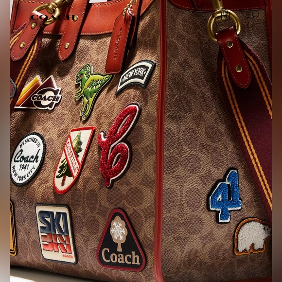 COACH Field Tote In Signature Jacquard Canvas With Patches & Rexy Scarf - Picture 6 of 12